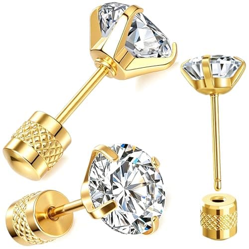 Hypoallergenic Threadless Flat Back Earrings,1 Pairs Cartilage Stud for Women Men Titanium Post 20G None Screw Easy Push in Gold Black Stainless Steel Flatback with CZ 3-7mm (Gold+Clear CZ, 5mm) - Image 1