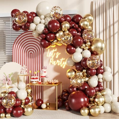Burgundy Balloon Arch Garland Kit, 140Pcs Burgundy Maroon Gold Sand White Confetti Balloons With Stars for Birthday Christmas Birdal Shower Graduation Party Decorations - Image 1