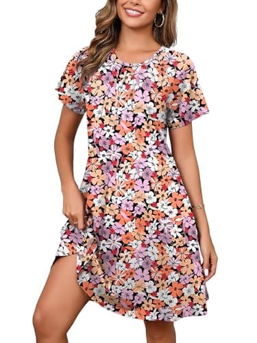Heymoments Women Short Sleeve Dress Floral Print X-Large Plus Size Crewneck Casual Flowy Below Knee Length Sundress Comfortable Shirt Work Summer Vacation Cheap Boho Dresses with Pockets - Image 1