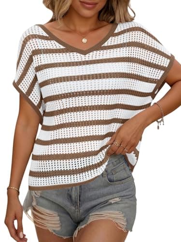 Yousify Womens Summer Crochet Tops Cap Sleeve Knit Pullover Sweater Vest V Neck Cover Ups Beach Vacation Clothes Brown - Image 1