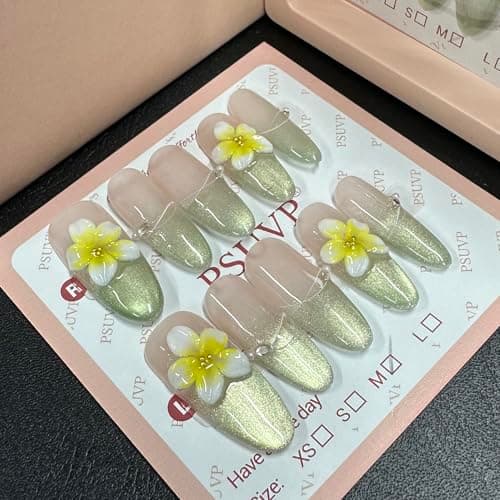 10 pcs Handmade Press on Nails,3D Frangipani Cat Eye Fake Nails,The effect is just like a salon manicure French Reusable Full Cover, Salon Grade Manicure long Almond Size M