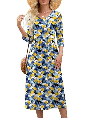 Heymoments Women Dress Flower Dreamland Medium Crewneck 3/4 Sleeves Wedding Guest A line Casual Flowy Swing Party Vintage Spring Fall Winter Travel 2026 Long Midi Dresses with Pocket - Image 1