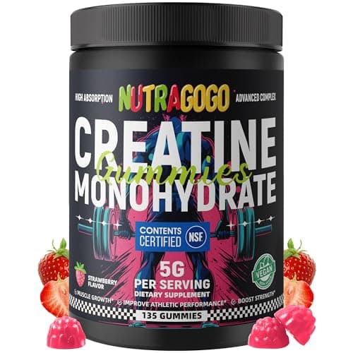 NUTRAGOGO NSF Certified Creatine Gummy - Creatine Monohydrate Gummies for Men & Women-5g of Creatine Monohydrate per Serving - Sugar Free,Vegan, Strawberry Electrolyte Chews, 135 Count