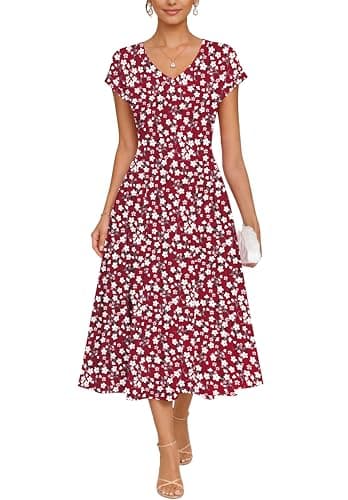 WNEEDU Women Summer Midi Dress Waffle Knit V Neck Cap Sleeve A-Line Casual Travel Outfits with Pockets(RD S Floral,2XL) - Image 1