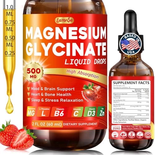Magnesium Glycinate Liquid Drops 500mg – High Absorption with Vitamin B6, D3, C, Zinc – Supports Mood, Sleep, Heart & Bone Health – Vegan, Non-GMO, Gluten Free – 2 FL OZ, Strawberry Flavor - Image 1