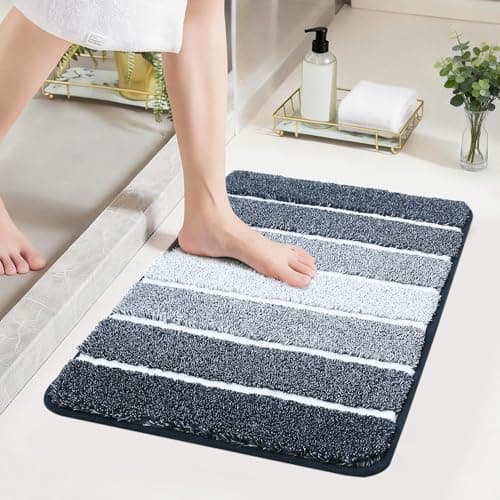 COSY HOMEER Bathroom Rugs 24"x17", Ultra Soft Absorbent Bath Mat with Non-Slip TPR Backing, Machine Washable Shaggy Rug for Bathroom Floor, Dark Blue & White - Image 1