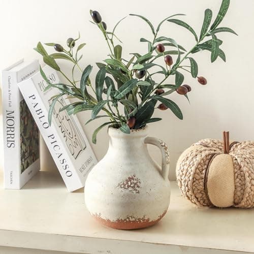 Ceramic Flower Vase Home Decor - 7.1 Inch Farmhouse Vases Rustic Vintage Living Room Kitchen Bedroom Decorations for House Book Shelf Office Coffee Desk Dining Fireplace - Image 1