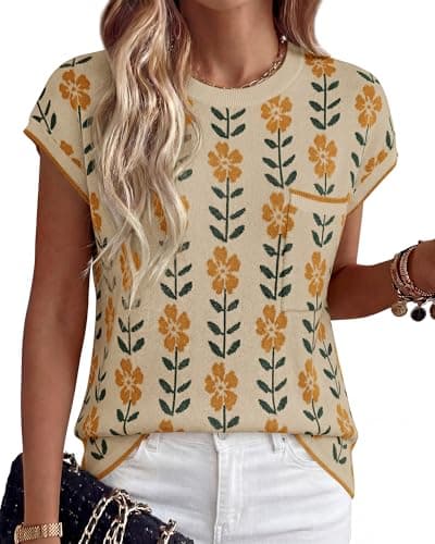 KIRUNDO Summer Fall Short Sleeve Sweater for Women 2026 Casual Sweater Vest Cotton Knit Pullover Tank Tops Fashion Clothing(Apricot Yellow Flower, Large) - Image 1