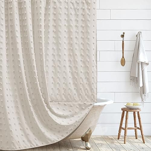 Siiluminisoy Boho Farmhouse Beige Shower Curtain, 72 x 72 Tufted Pleat Floral Puffs Textured Modern Farmhouse Minimalist Shower Curtain Set with Hooks for Bathroom - Image 1