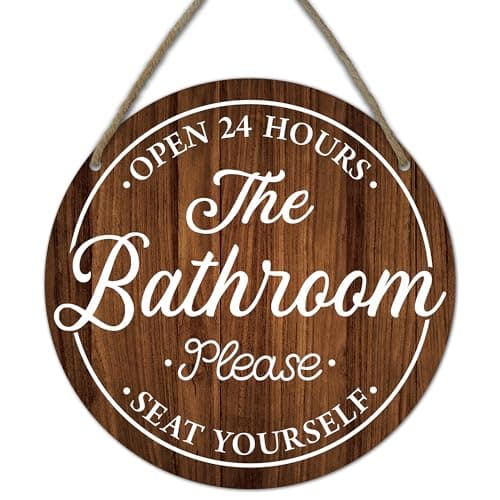 Funny Bathroom Signs Decor - Bathroom Open 24 Hours Please Seat Yourself Wall Decor - Rustic Round Wooden Door Sign For Farmhouse Home Decor Bath Room Accessories & Decorations - A03 - Image 1