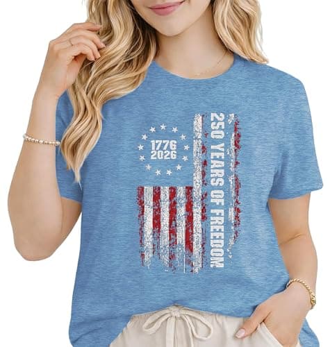 Women's 4th of July Shirt 250 Years of Freedom America 250th Anniversary Vintage US Flag Graphic Patriotic Tee - Image 1
