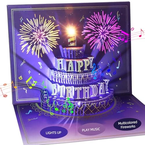 XTF2015 Happy Birthday Cards Fireworks, Lights, Music and Sound Fireworks Cake 3D Pop Up Birthday Cards Gift with Envelope and Note Tag for Women, Men, Kids, Wife, Mom, Husband - Image 1