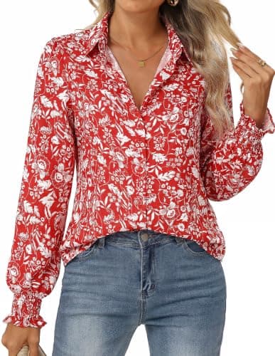 GRACE KARIN Women's Boho Floral Long Sleeve Blouses, Dressy Casual Button Down Shirts, 2026 Fall Work Vacation Tops Red White Floral M - Image 1