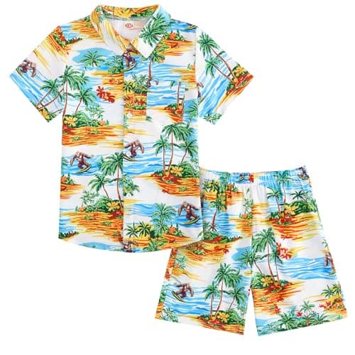 JiAmy Boys Hawaiian Outfit 2 Piece Button Down Short Sleeve Shirt and Shorts Set with Pockets Size 4-5 Bigfoot Yellow - Image 1