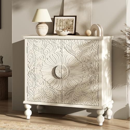 Furnivado Buffet Cabinet with Storage, Accent Cabinet with 2 Carved Doors, Solid Wood Sideboard with Adjustable Shelf, Vintage Cabinets for Kitchen, Living Room, Entryway, Beige - Image 1