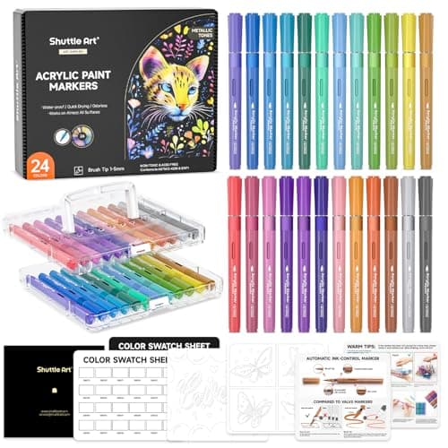 Shuttle Art Automatic Ink Control Acrylic Paint Markers, 24 Metallic Colors Brush Tip Acrylic Paint Pens for Rock Painting, Ceramic, Wood, Canvas, Glass, Stone, Fabric, Card, DIY Football Crafts - Image 1