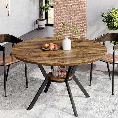MECHYIN Round Dining Table for 2-4, 42 Inch Wood Kitchen & Dining Room Tables with Storage, Circle Dinner Table with Metal Legs, Space Saving Small Table for Dining Room, Kitchen, Rustic Brown - Image 1