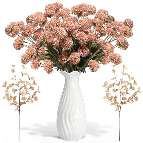 Luldesce Beige Faux Silk Pompon Mums Artificial Flowers - 12 Pcs Fake Kiku Flowers Bulk with Eucalyptus Leaves, Long Stems Chrysanthemums Ball Flower for DIY Centerpiece Party Spring Home Decor - Image 1