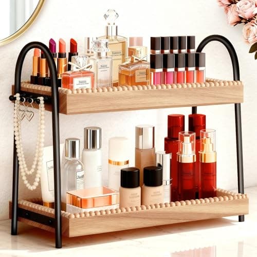 Xumilas 2-Tier Bathroom Countertop Organizer with 8 Hooks -Wooden Perfume & Makeup Storage Tray for Vanity Dresser, Farmhouse Skincare Organizer & Jewelry Holder for Kitchen Coffee Station - Image 1