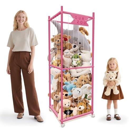 Stuffed Animal Storage Zoo with Wheels, Wooden Large Stuff Animals Plushies Holder Toy Organizer Kids Plush Storage Cage with Elastic Band and Net for Nursery Playroom Corner for Toddler (Hot Pink) - Image 1