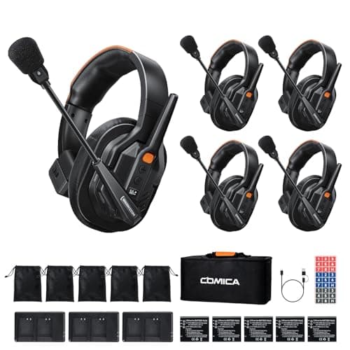 COMICA Seekcom S1 Wireless Intercom Headset System, 2.4GHz Full-Duplex Communication Headsets with 500m/1640ft Range, Noise Reduction, One-Key Broadcasting & Talk Modes for Live Show, Events (5 Sets)