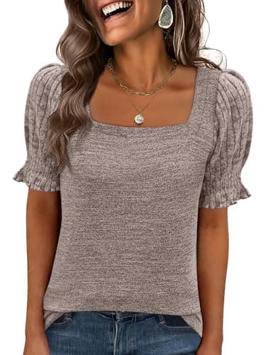 ANRABESS Womens Tops Summer Sweaters Dressy Casual Work Blouses Square Neck Ruffle Short Sleeve Tee Shirts 2026 Fashion Tunic Brown Small - Image 1