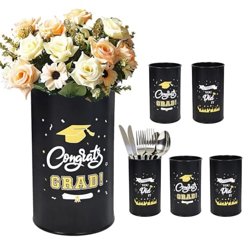 Pack of 6 Graduation Centerpieces Vase for Tables 2026, Galvanized Metal Tin Holder for Flowers Grad Caps Utensil, Congrats Grad Mason Jars for Home Party Decorations Supplies, Black - Image 1