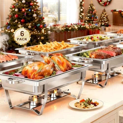 ALSO GO 6 Pack Chafing Dishes for Buffet, 9QT Large Chafing Dish Buffet Set Rectangular, Food Warmer for Parties, Stainless Steel Buffet Servers and Warmers, Catering Buffet Display for Christmas