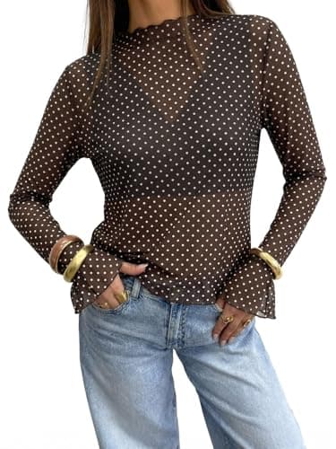 Tankaneo Womens Mesh Polka Dot Tops Bell Sleeve High Neck Summer Casual Blouse Trendy Loose Fit Y2K Going Out Tee Shirts Coffee - Image 1