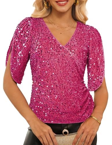 GRACE KARIN Womens 3/4 Length Sleeve Dressy Sequin Top V Neck Blouses 2026 Glitter Date Rose Red Gold S - Image 1