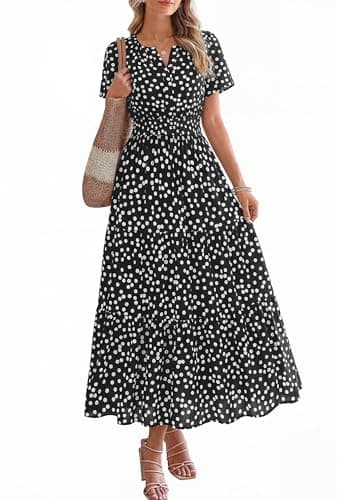 BTFBM Womens Summer Floral Maxi Dresses V Neck Short Sleeve Boho Casual Flowy Long Wedding Guest Dress Beach Vacation(Polka Dot Black White, Small) - Image 1