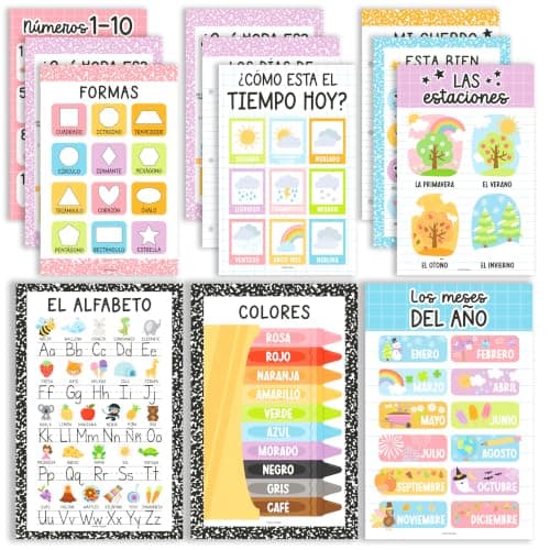Hadley Designs Spanish Posters for Classroom - 12 Spanish Classroom Decorations, Laminated Educational Posters for Toddlers, Carteles Educativos en Español, Pastel Bilingual Homeschool Essentials - Image 1