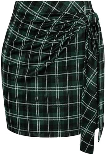Kate Kasin Women's Plaid Skirt Elastic High Waist Bow Tie Stretch Bodycon Mini Pencil Skirts(Green Plaid, Medium) - Image 1