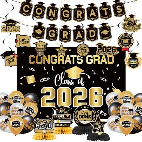 2026 Graduation Decorations Set Congrats Grad Banner Decor Class of 2026 Backdrop Balloons Swirls Honeycomb Centerpieces Black&Gold Graduation Party Supplies for High School College