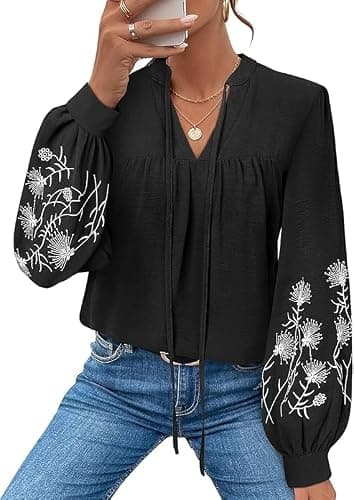 LOOKBOHO Womens Dressy Casual Boho Tops Embroidered V Neck Trendy Puff Long Sleeve Peplum Blouses Black L - Image 1