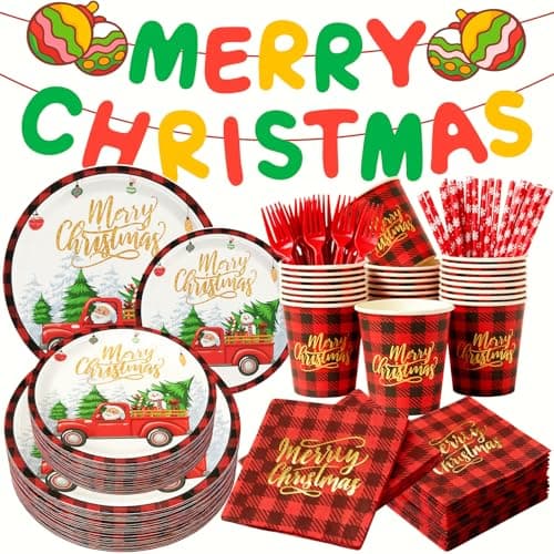 TOTOMA Christmas Party Decorations Paper Plates & Napkins 25 Guest, Disposable Plates Set, Holiday Paper Plates, Napkins, Cups with Golden Print, Santa Driving Pattern, Straws, Banner for Christmas - Image 1