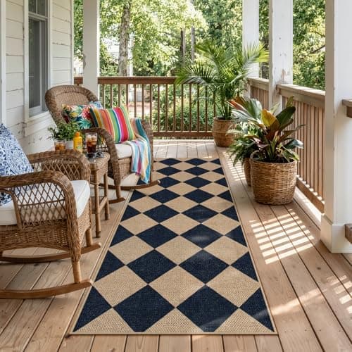 Lahome Colette Checkered Easy Jute Runner, 2x6 Kitchen Runner Rug Non Slip Washable Outdoor Rug for Entryway Indoor, Checkerboard Black Indoor Outdoor Carpet for Hallway 6ft Entry Front Door - Image 1