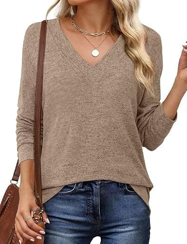JUSTFASHIONNOW Tops for Women Trendy Long Sleeve Shirt V Neck Tunic Tops Loose Fit Dressy Plus Size Blouses Fall Sweaters Basic Tees Winter Clothing 2025 (Brown,XX-Large) - Image 1