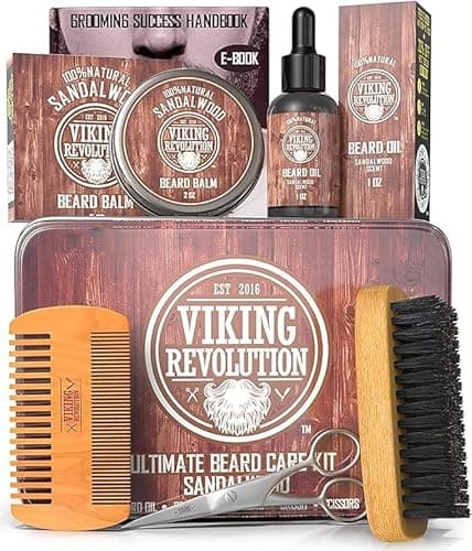 Viking Revolution Ultimate Grooming Kit for Men - Boar Brush, Wood Comb, Sandalwood Balm & Oil, Scissors for Beard & Mustache