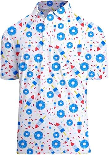 Actflare Polo Shirts for Men Moisture Wicking Quick-Dry Pattern Print Performance Polo Shirts for Men White Donut M