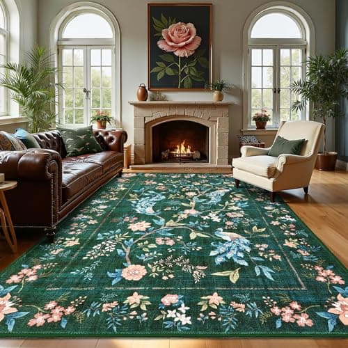 GarveeHome Area Rugs 8x10 for Living Room, Dark Green Large Washable Rug Soft Non Slip Backing Floor Mat Carpet Indoor Floral Peacock Accent Rug for Bedroom Dining Room Playroom Nursery Home Decor - Image 1