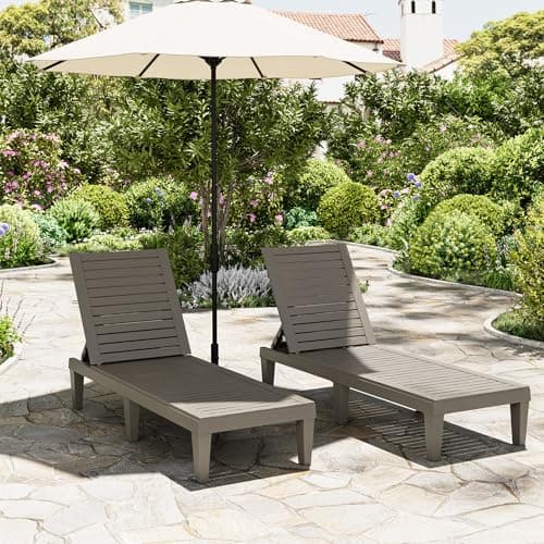 NBYSGO Patio Chaise Lounge Set of 2, 5-Position Adjustable Reclining Patio Lounge Chairs with Wood Grain Finish, All-Weather Resin Pool Lounge Chairs for Garden Deck Backyard (Grey) - Image 1