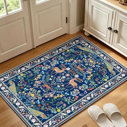 Lunasun 2x3 Washable Bathroom Rug, Small Throw Rugs for Kitchen, Powder Room, Front Door Indoor Entrance, Non Slip Low Pile Stain Resistant, Blue Colorful Floral Aethestic - Image 1