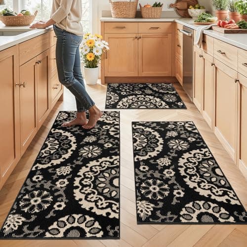 Yamaziot Washable Kitchen Rug Sets of 3, Non Slip Kitchen Mats for Floor, High-Low Textured Kitchen Runner Rugs Absorbent Stain Resistant Floor Carpet for Hallway, Laundry, Sink (Black&Beige) - Image 1
