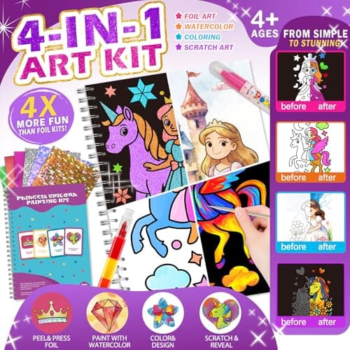 4-in-1 Princess Unicorn Arts and Crafts Kit for Kids Ages 4-8, Foil Art, Watercolor Painting, Scratch Art & Coloring Book, Creative DIY Craft Set for Girls, Travel Activity Party Birthday Gift - Image 1