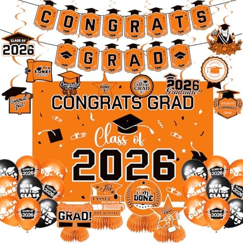2026 Graduation Decorations Set Congrats Grad Banner Class of 2026 Backdrop Balloons Swirls Honeycomb Centerpieces Orange Graduation Party Supplies for High School College Grad Decor - Image 1