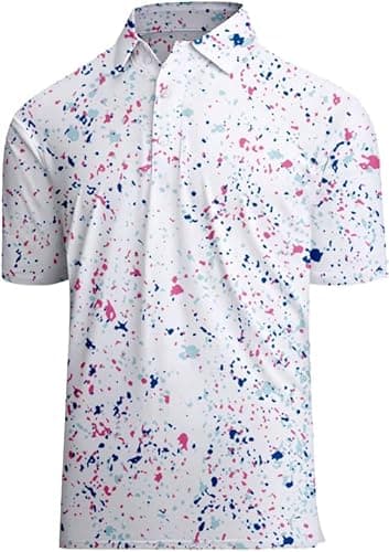 Actflare Mens Golf Shirts Moisture Wicking Quick-Dry Pattern Print Performance Polo Shirts for Men White Dot L - Image 1