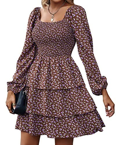 BTFBM Womens Long Sleeve Dress Summer Vacation Square Neck Smocked Floral Mini Boho Spring Wedding Guest Dresses 2026(Floral Brown, Medium) - Image 1