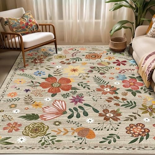 Washable Area Rugs, Floral Rug, Large Carpet for Living Room Bedroom,8'x 10',Beige - Image 1