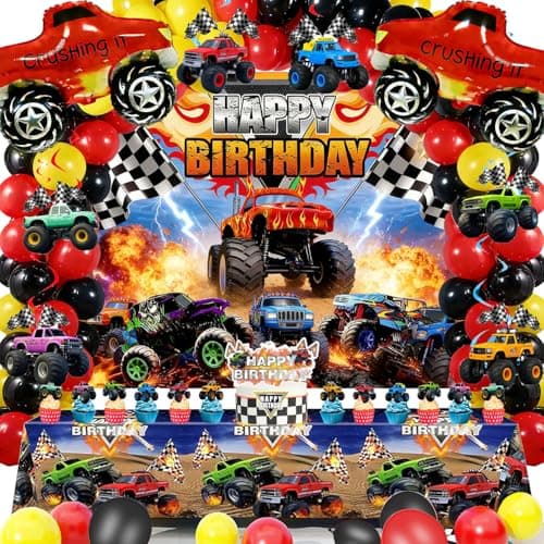 Truck Birthday Party Decorations Kit – 77Pcs Truck Theme Supplies with Reusable Backdrop, Hanging Swirls, Table Cover, Truck Foil Balloons, Cake Toppers & Latex Balloons for Truck Party, Room Decor - Image 1